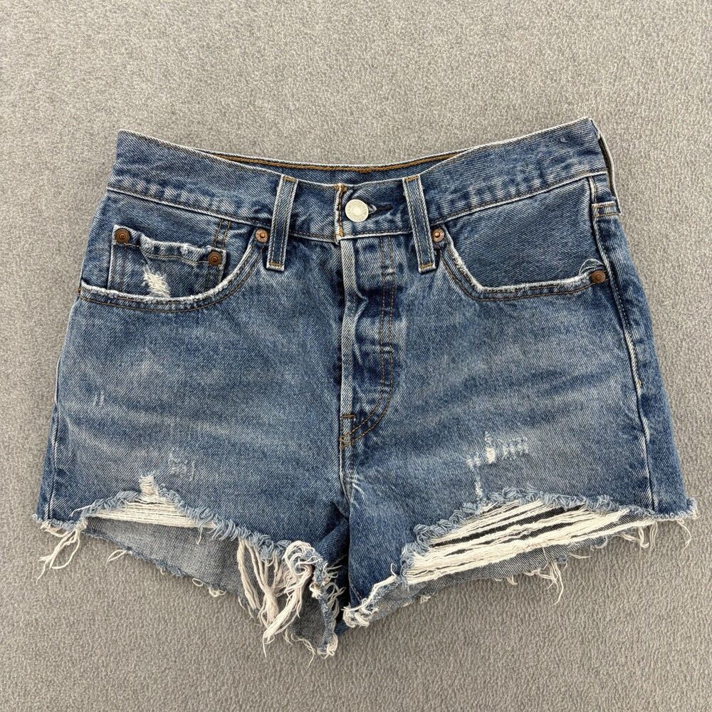 Levis Premium 501 High Rise Denim Shorts Medium Wash Button Fly Cutoff W26